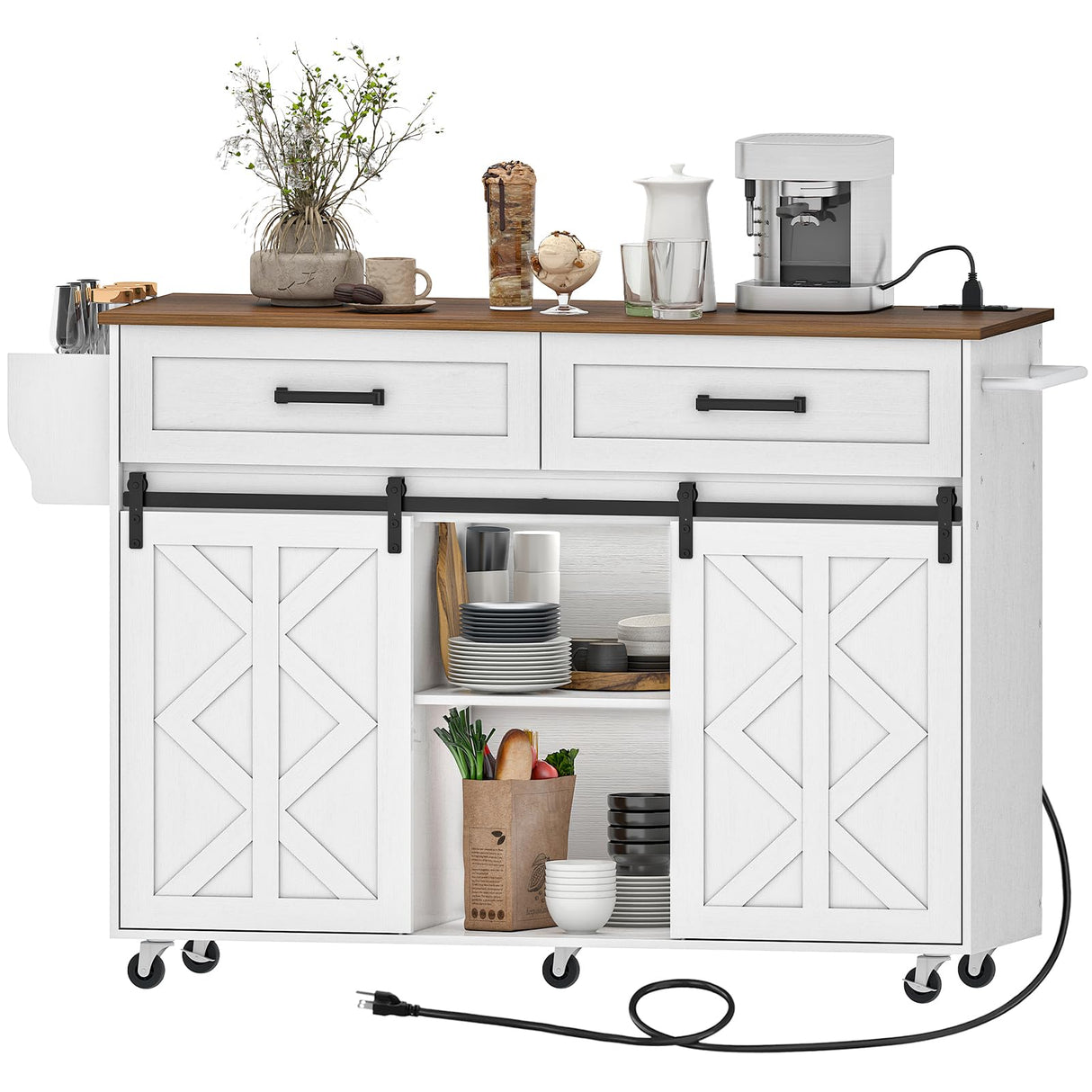 HOOBRO Kitchen Island with Storage, Power Outlet, Rolling Kitchen Island Cart on Wheels, with 2 Drawers, Sliding Barn Doors and Lockable Wheels, Farmhouse, White and Walnut WH28UZD01 HOOBRO