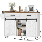 HOOBRO Kitchen Island with Storage, Power Outlet, Rolling Kitchen Island Cart on Wheels, with 2 Drawers, Sliding Barn Doors and Lockable Wheels, Farmhouse, White and Walnut WH28UZD01 HOOBRO