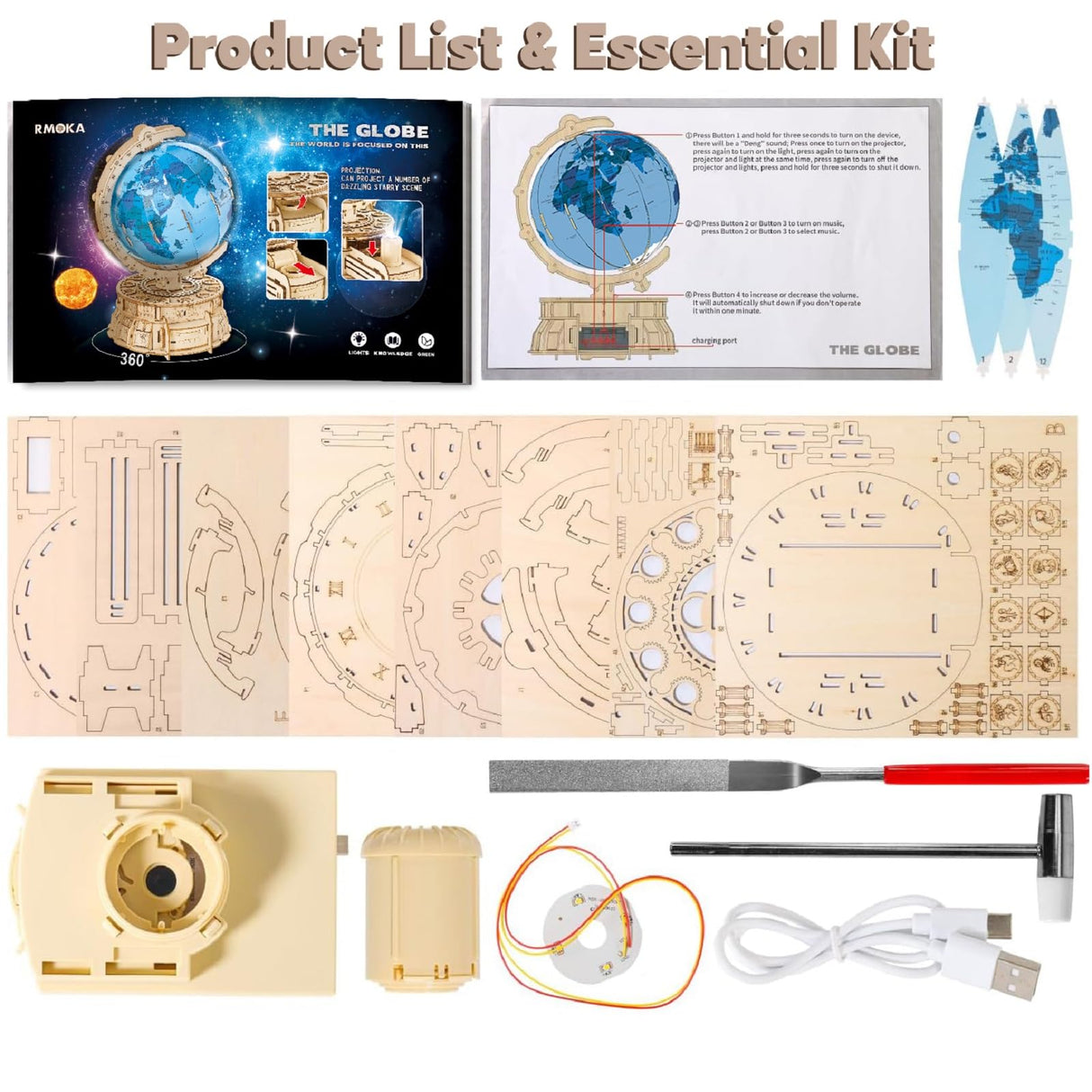 RMOKA 3D Wooden Puzzles for Adults Illuminated Globe with Stand 188pcs 3D Puzzles Model Kit Built-in LED Music Box Stem Toys Gifts for Adults/Teens RMOKA