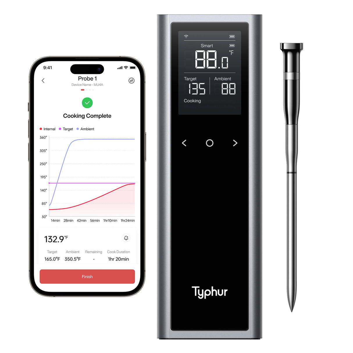 Typhur Sync One Smart Wireless Meat Thermometer: Standalone Base with LCD Display, Unlimited WiFi & Bluetooth Range, Enhanced Signal Stability for BBQ, Grill, Oven, and Smoker Typhur