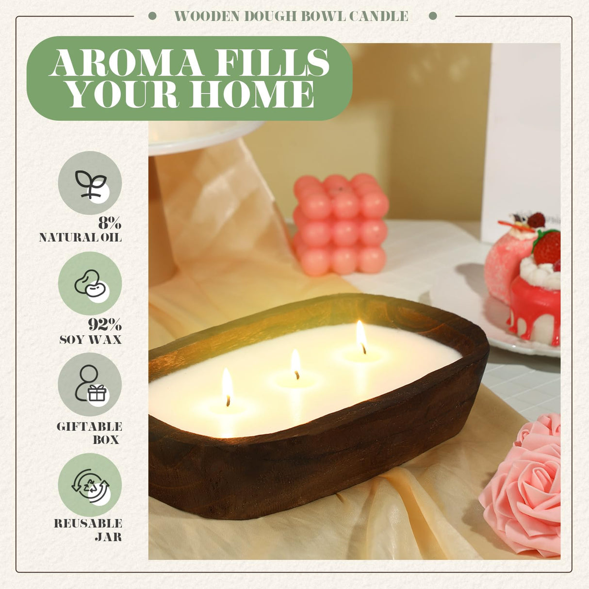 Threlaco 2 Pack 10 Inch Wood Dough Bowl Candle Candle Decorative with Wick Scented Candles Soy Gifts for Men Women Farmhouse Table Centerpiece Home(Sage and Eucalyptus) Threlaco