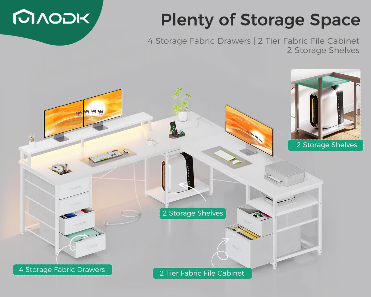 AODK 66" L Shaped Computer Desk, 113“ Reversible Home Office Desk with File Cabinet & 4 Fabric Drawers, Two Person Desk with LED Lights & Power Outlet, Corner Gaming Desk with Monitor Shelf, White AODK