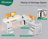 AODK 66" L Shaped Computer Desk, 113“ Reversible Home Office Desk with File Cabinet & 4 Fabric Drawers, Two Person Desk with LED Lights & Power Outlet, Corner Gaming Desk with Monitor Shelf, White AODK