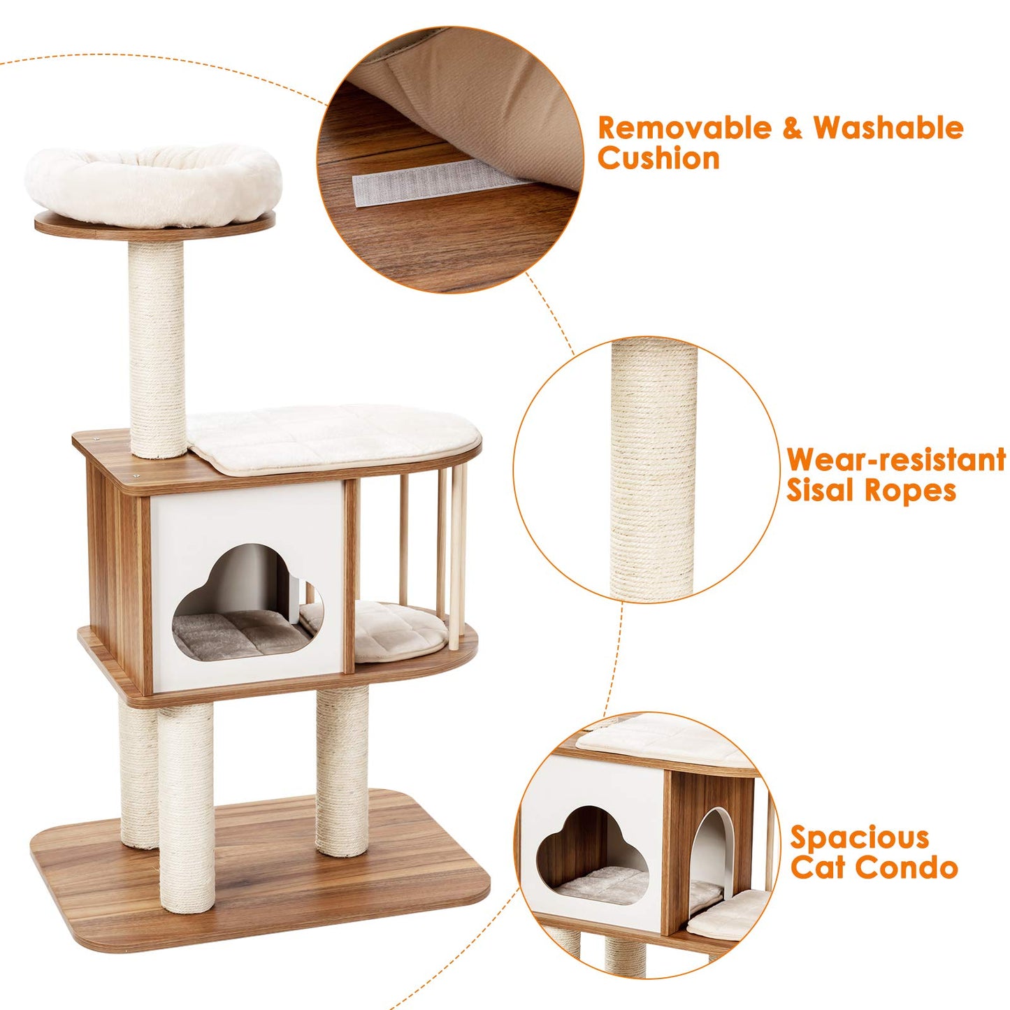 Tangkula Modern Wood Cat Tree, 46 Inches Cat Tower with Platform, Cat Activity Center with Scratching Posts and Washable Cushions, Wooden Cat Condo Furniture for Kittens and Cats (Natural)