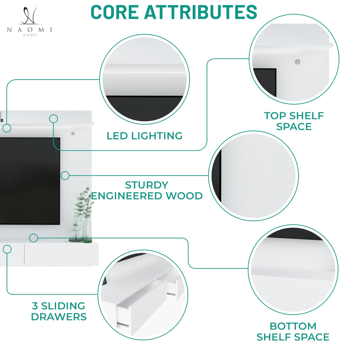 Modern Freestanding Floating Entertainment Center Floating TV Stand Wall Mounted TV Wall Panel for 75 inch TVs Home Theater with LED Strip Pull - Out Drawers and Overhead Shelf White Naomi Home