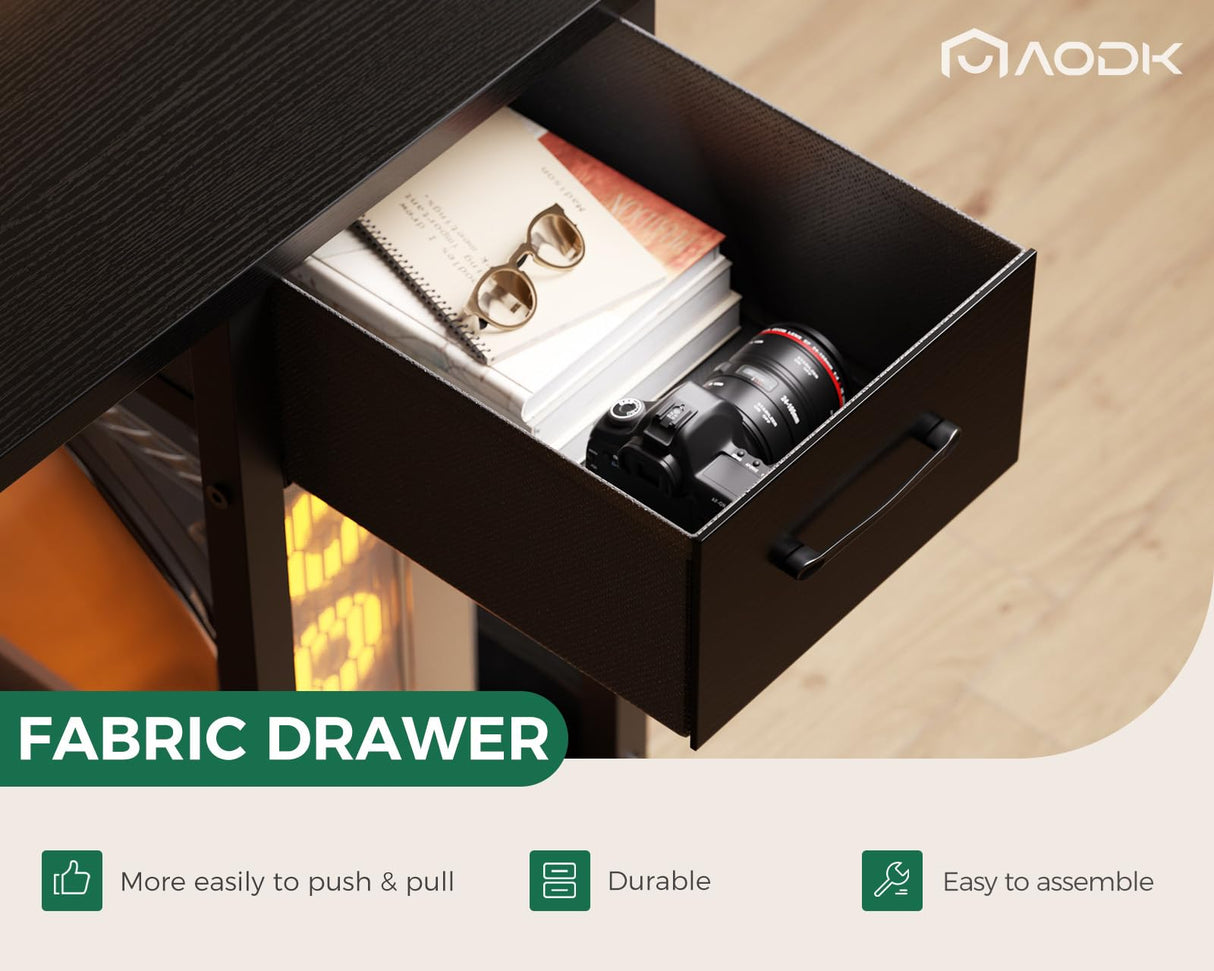 AODK Gaming Desk with LED Lights & Power Outlet, 55 Inch Computer Desk with Drawer, Reversible Desk with Adjustable Monitor Shelf & Headphone Hook for Home Office, Black AODK