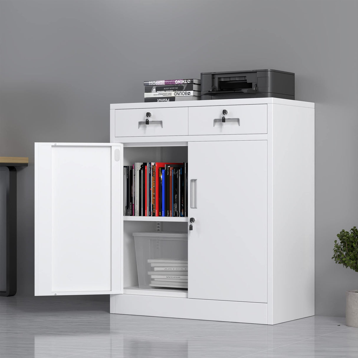 JINGUR Metal Storage Cabinet with Locking Doors and 2 Drawers, Lockable Storage Cabinets with Adjustable Shelf for Home Office and Garage (White) JINGUR