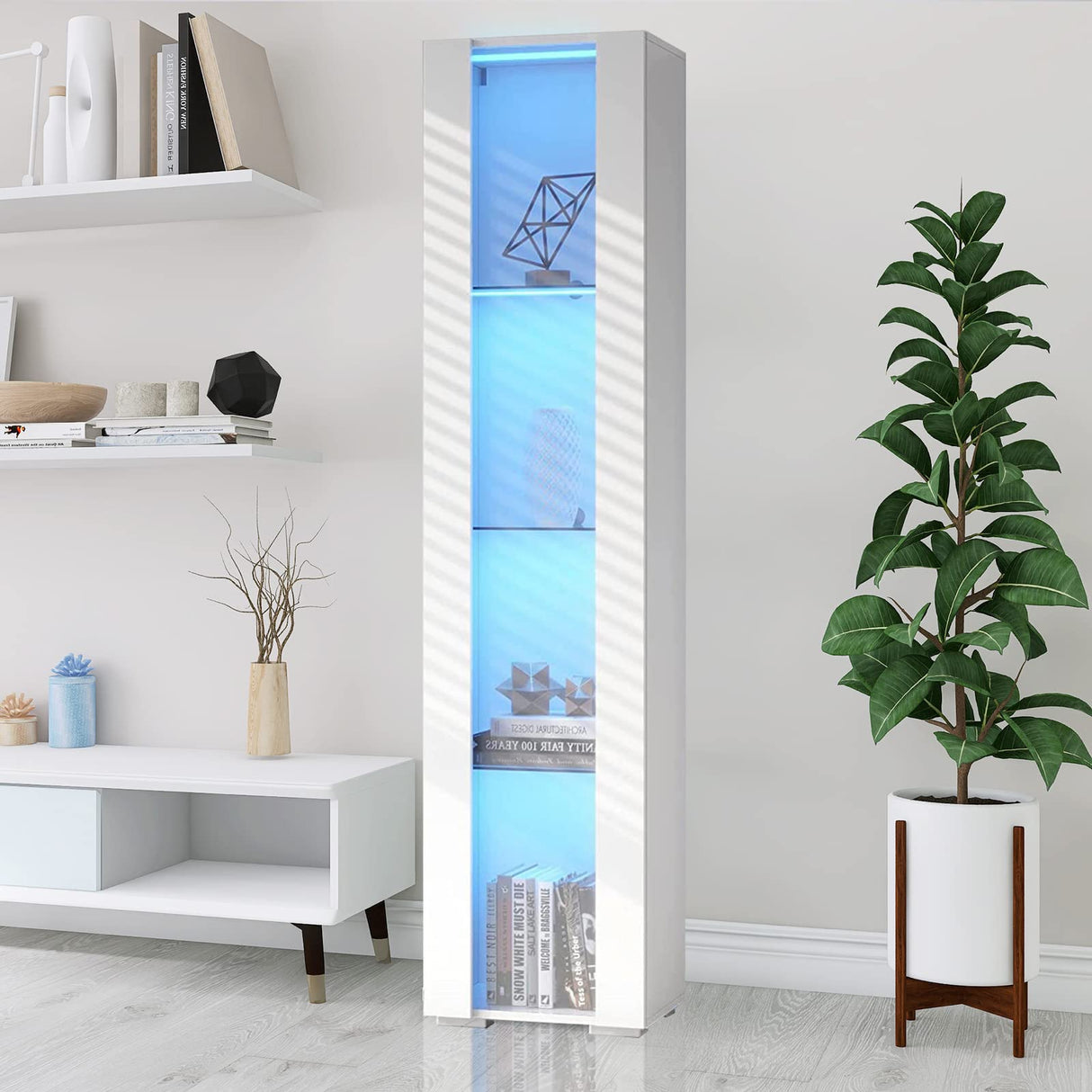 Elegant 67" Modern LED Display Cabinet with Glass Shelves for Living Room, Bedroom, or Office - High Gloss White Finish Pvillez