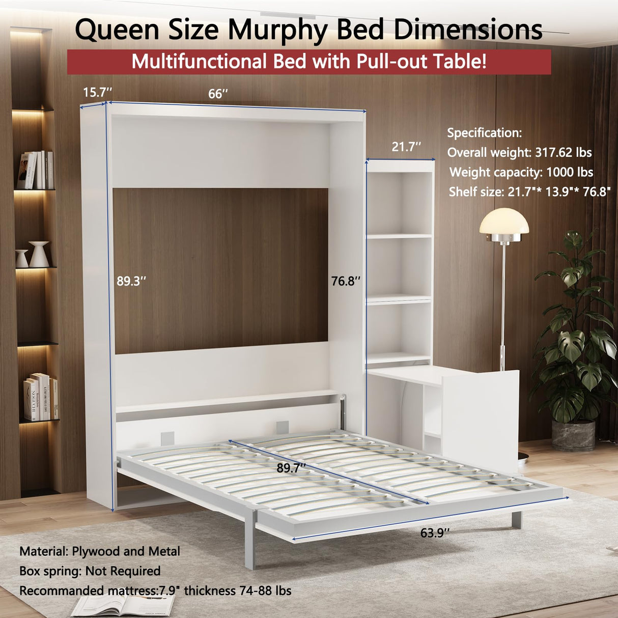 Queen Size Murphy Bed, Vertical Wall Bed with Fold-Out Desk and Storage Shelf, Morden Design Hidden Bed Frame Gas Struts, Space Saving(Not Including Mattress) Gahowlen