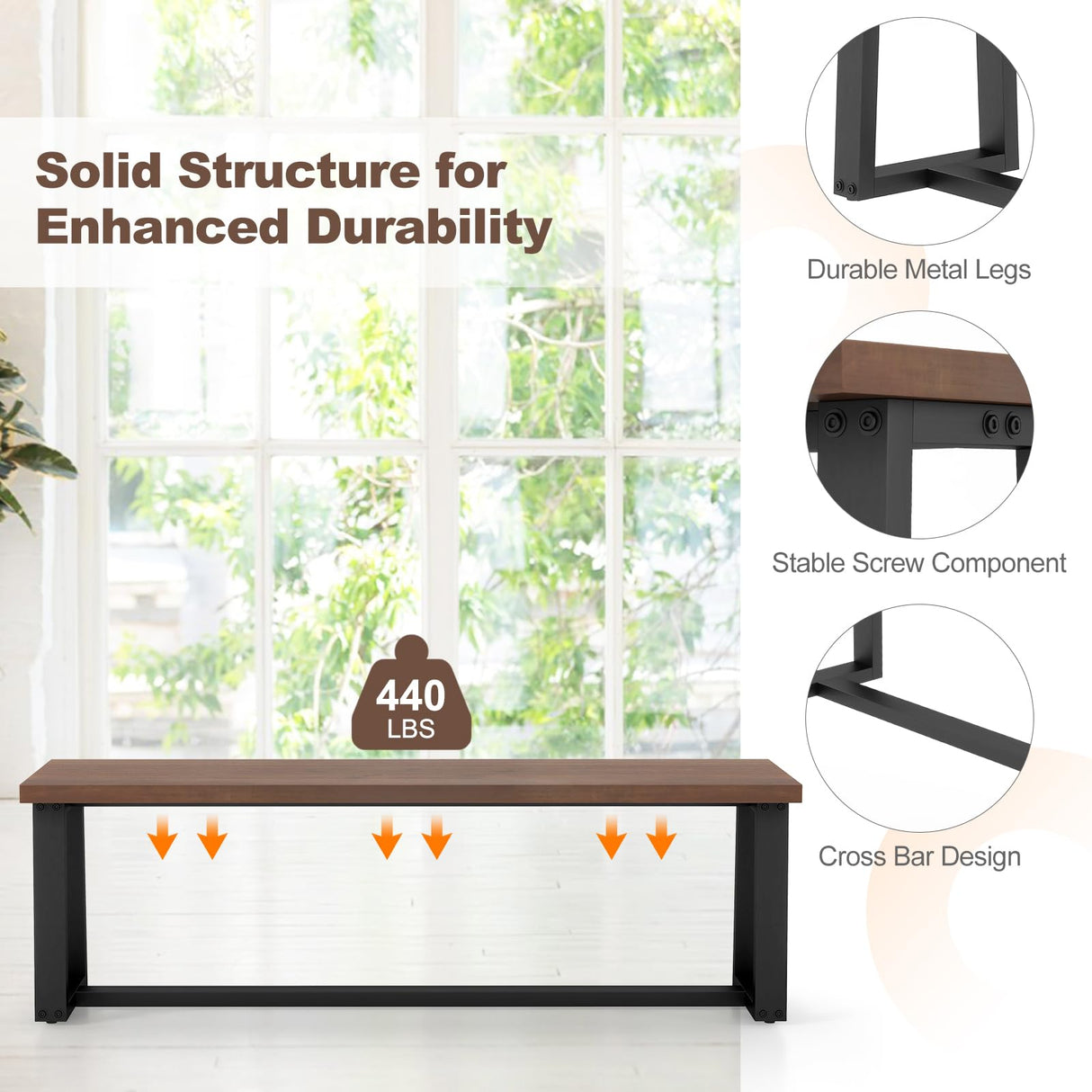 Giantex 56.5" L Wood Dining Bench, Industrial Table Bench w Metal Frame, Adjustable Footpads, 440LBS Load Capacity, Farmhouse Bench for Kitchen, Dining, Living Room, Entryway (Brown, Rectangular) Giantex