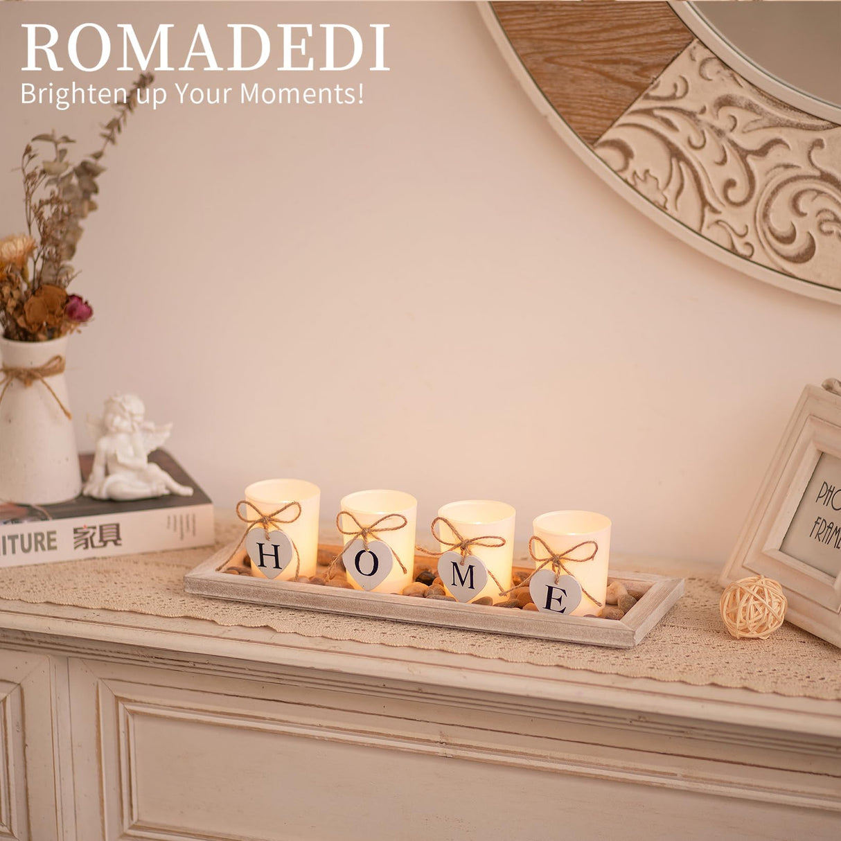 Romadedi Farmhouse Centerpiece Candle Holder Decor - Rustic Wooden Tray with 4 Glass Tealight Candles Holders for Coffee Table Home Decorations Living Room Fireplace Kitchen Housewarming Gifts Romadedi
