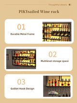 HFTUW 94 Inch Iron Wall Mounted Wine Rack & Bar Shelf for Liquor Bottles, Industrial Wall Bar Shelf with LED Lights, Large Capacity Metal Hanging Goblet Rack for Kitchen, Dining Room, Black HFTUW