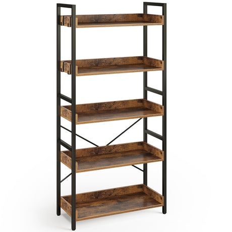Rolanstar Bookshelf 5 Tier with 4 Hooks, Industrial Wood Bookcase, Vintage Storage Rack with Open Shelves, Rustic Standing Bookshelves Display Rack for Living Room, Bedroom, Rustic Brown Rolanstar