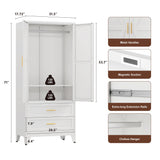 YAUWOH Farmhouse Wardrobe Cabinet with 2 Drawers,Metal Wardrobe Closet with Hanging Rod,Metal Armoire with Adjustable Shelves for Bedroom,Living Room, Cloak Room,Office (White) YAUWOH