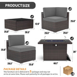 Vakollia 8 Pieces Patio Furniture Set with 44" Propane Gas Fire Pit Table, Outdoor Sectional Brown Rattan Wicker Conversation Sofa Sets with Coffee Table Vakollia