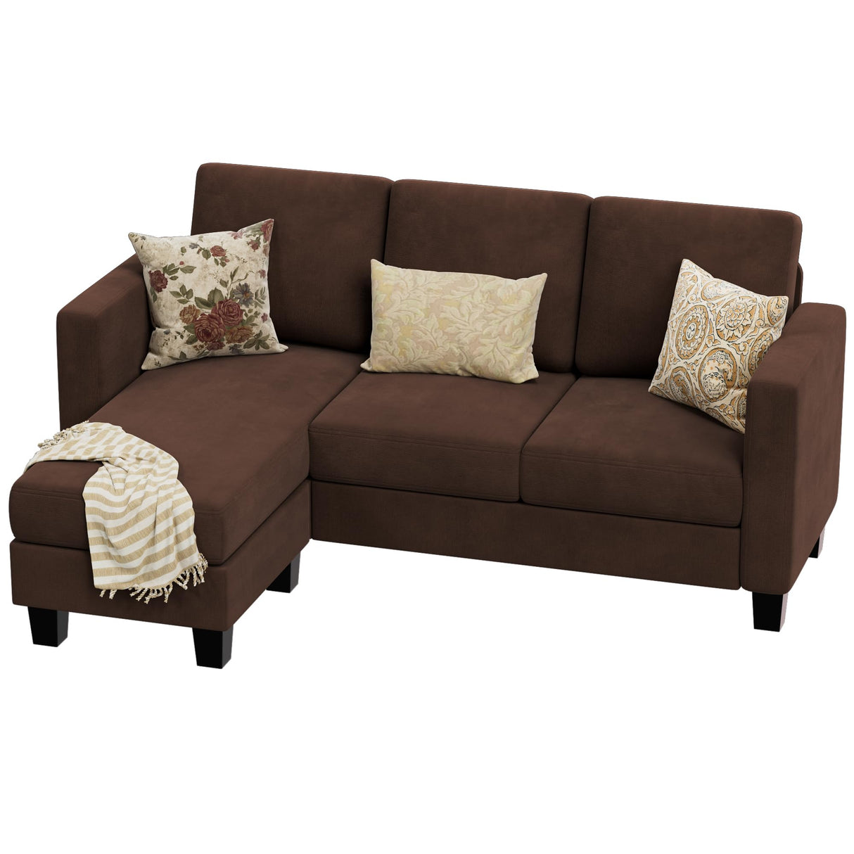 VICTONE Sectional Sofa Couch, 3 seat L-Shaped Small Sofa with Movable Ottoman Couch for Small Apartments, Living Rooms and Offices (Linen Fabric, Light Brown) VICTONE