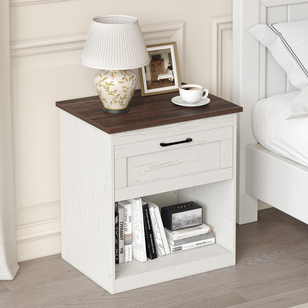Vikiullf Farmhouse Nightstands Set of 2, Bedroom Night Stand with 1 Drawers, Wooden Bedside Tables 15.6" D x 18.7" W x 21.26" H, White and Brown Wood Grain Finish Vikiullf