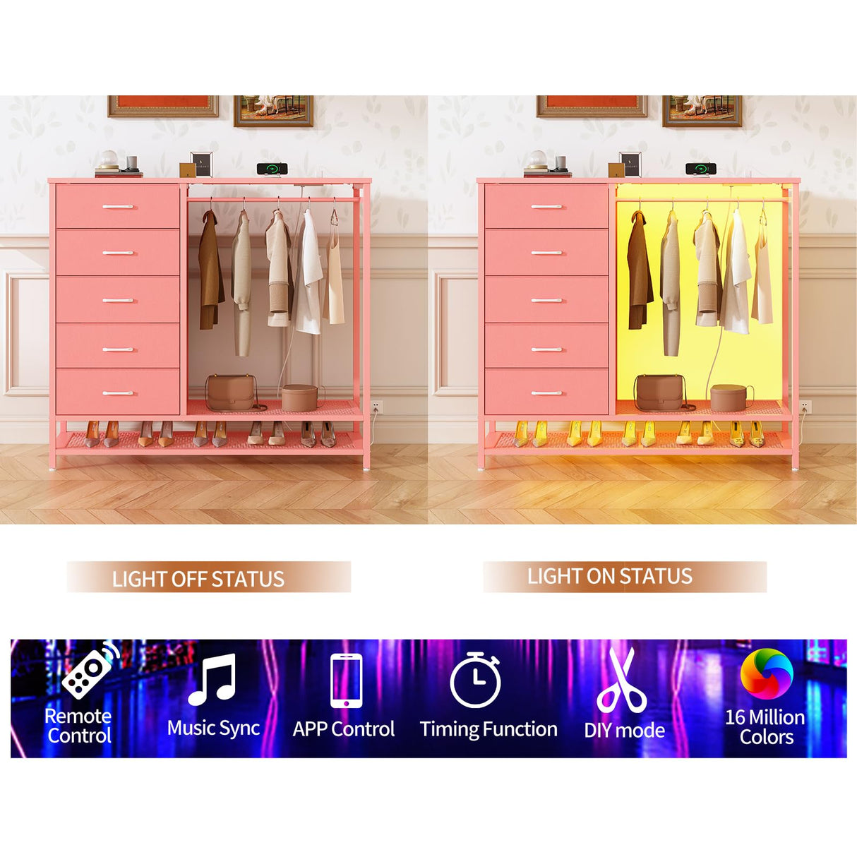 Dresser for Bedroom, Dresser with Hanging Rack Led Lights and Charging Station, Tall Dresser with 5 Fabric Chest of Drawers with PU Finish Storage Organizer, for Living Room Kids Room Closet, Pink SOOWERY