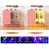 Dresser for Bedroom, Dresser with Hanging Rack Led Lights and Charging Station, Tall Dresser with 5 Fabric Chest of Drawers with PU Finish Storage Organizer, for Living Room Kids Room Closet, Pink SOOWERY