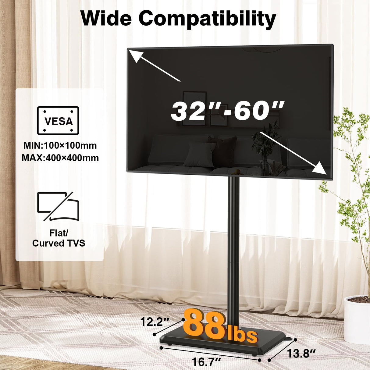 TVON Floor TV Stand with Mount for Most 32-60 Inch Flat/Curved TVs up to 88 lbs, Height Adjustable TV Mount Stand with Wood Base, Swivel TV Stand for Bedroom, Corner & Living Room, Max VESA 400x400mm TVON