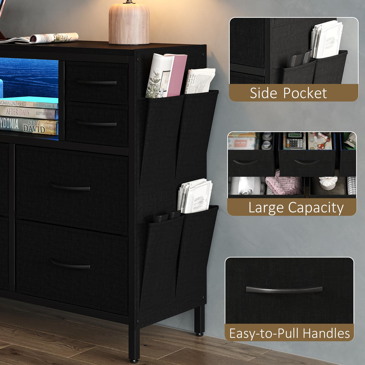 CollaredEagle 10-Drawer Dresser with Charging Station, Storage Drawers with LED, TV Stand for up to 55inch TV, Fabric Chest of Drawers for Closet, Living Room,Entryway, Bedroom, Black CollaredEagle