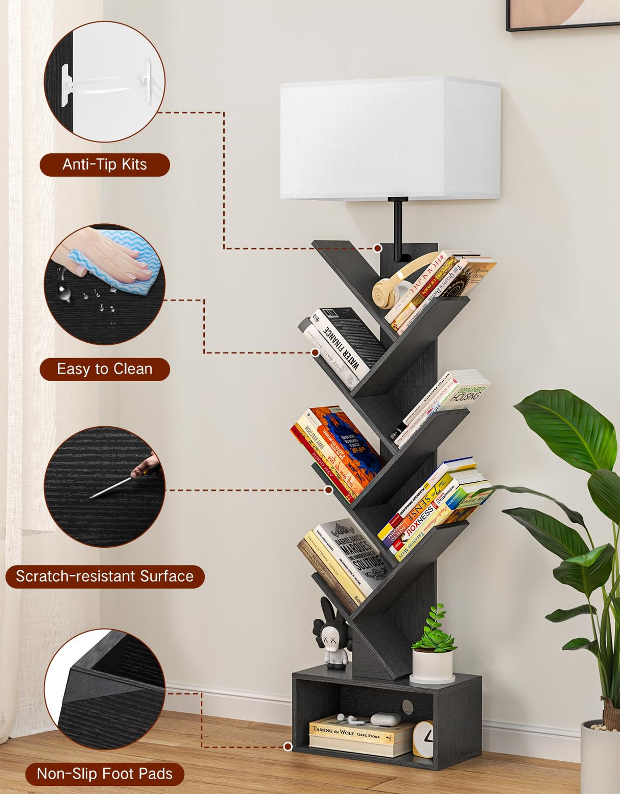OUTONLIFE 6 Tier Tree Bookshelf with Light, Remote & Timer, Modern Tall Floor Standing Book Shelf, Narrow Wood Bookcase, Small Book Organizer Shelves for Living Room, Bedroom, Office (Black) OUTONLIFE