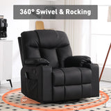 Bonzy Home Oversized Swivel Rocker Recliner, 40" Rocking Recliner Chair with Heated and Massage, PU Leather Single Sofa with Swivel Function, 2 Cup Holders for Living Room Bedroom, Black Bonzy Home