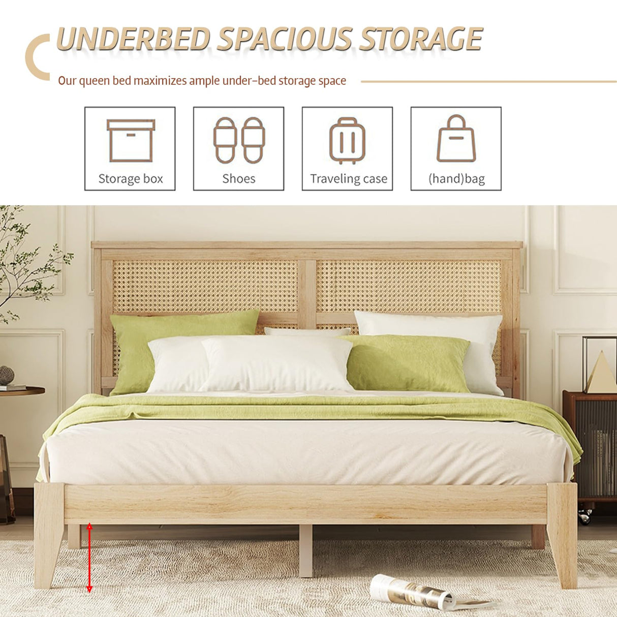anwickjeff Boho Queen Size Bed Frame with Natural Rattan Headboard, Wooden Platform Bedframe, Under Bed Spacious Storage, No Box Spring Needed (Natural, Queen) anwickjeff