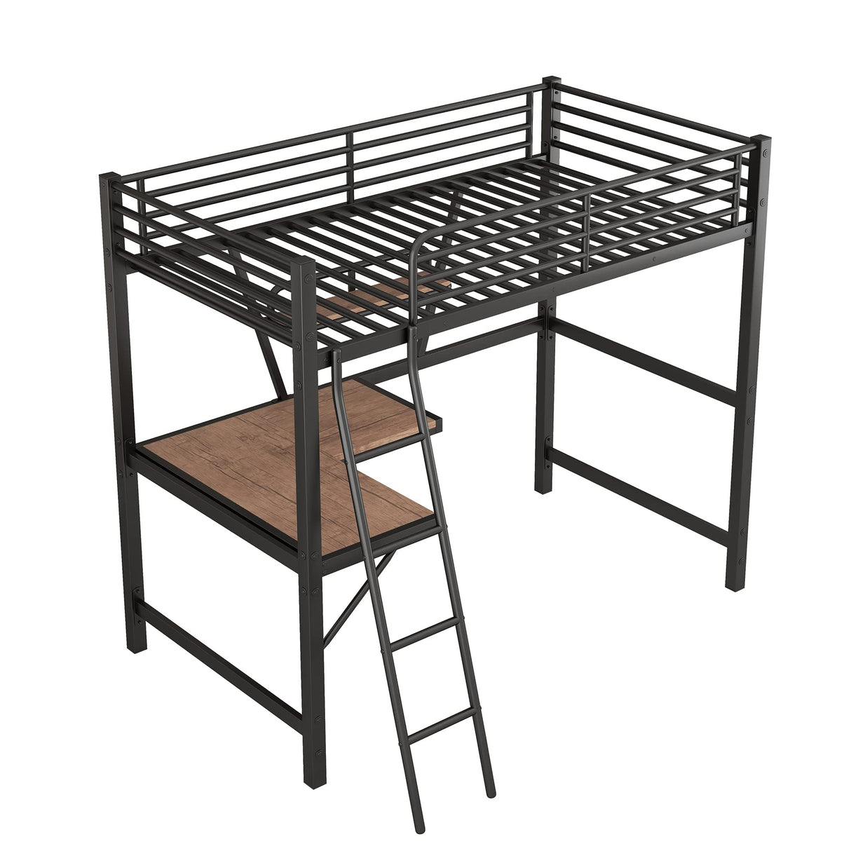 Twin Size Loft Bed with Desk and Storage Shelf, Heavy Duty Loft Bed Twin Size, Twin Loft Bed with Guardrail, Twin Loft Bed for Kids, Teens, Twin Size Loft Bed Black Bellemave