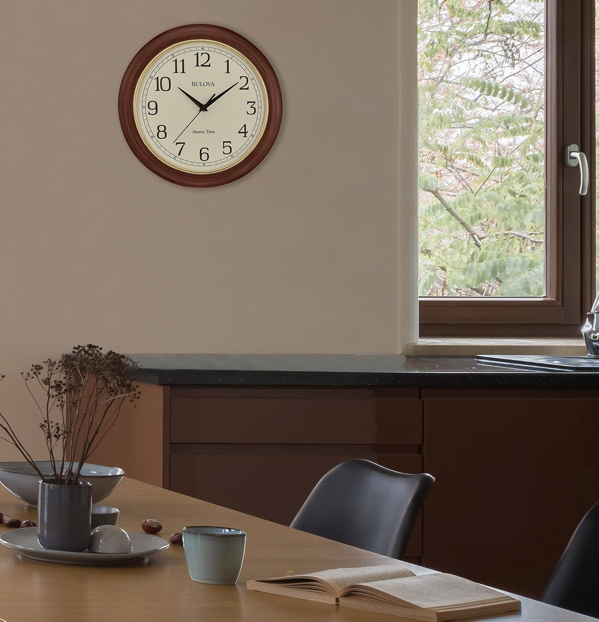 Bulova Atomic Time 2 Analog Wall Clock C5004 | 12.4" Wooden Frame, Sets Time Automatically | Quartz Movement | Battery Operated | Classic Design Bulova