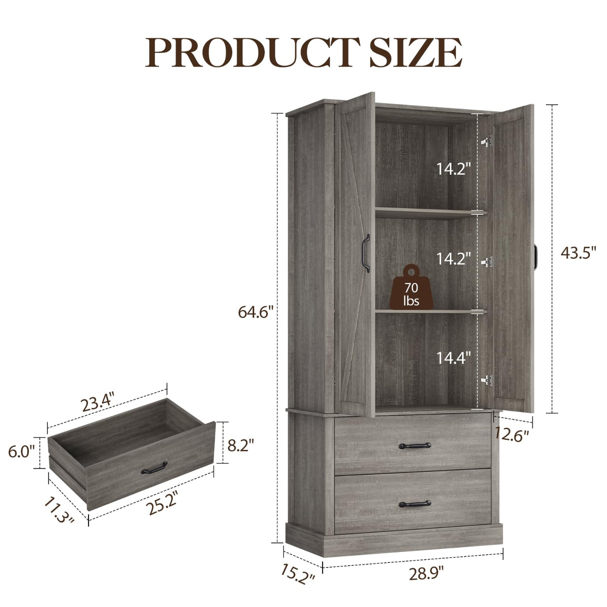 FinerFurnis Kitchen Pantry Storage Cabinet, 65" Tall Food Pantry Cabinet with 3 Storage Shelves and 2 Large Drawers, Farmhouse Kitchen Cupboard for Living Room, Dining Room, Grey FinerFurnis