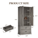 FinerFurnis Kitchen Pantry Storage Cabinet, 65" Tall Food Pantry Cabinet with 3 Storage Shelves and 2 Large Drawers, Farmhouse Kitchen Cupboard for Living Room, Dining Room, Grey FinerFurnis