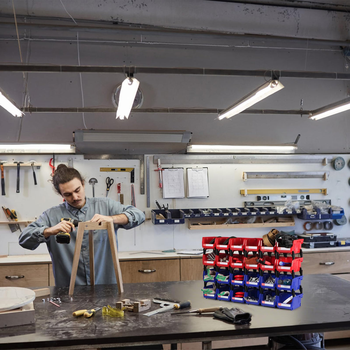 Shineyaplus Stackable Storage Bins 24 Pack (5x4x3 Inch), Plastic Stackable Storage Organizer Bins Wall Mounted Hanging Small Parts Bin for Garage, Workbench & Office (Blue & White) Shineyaplus