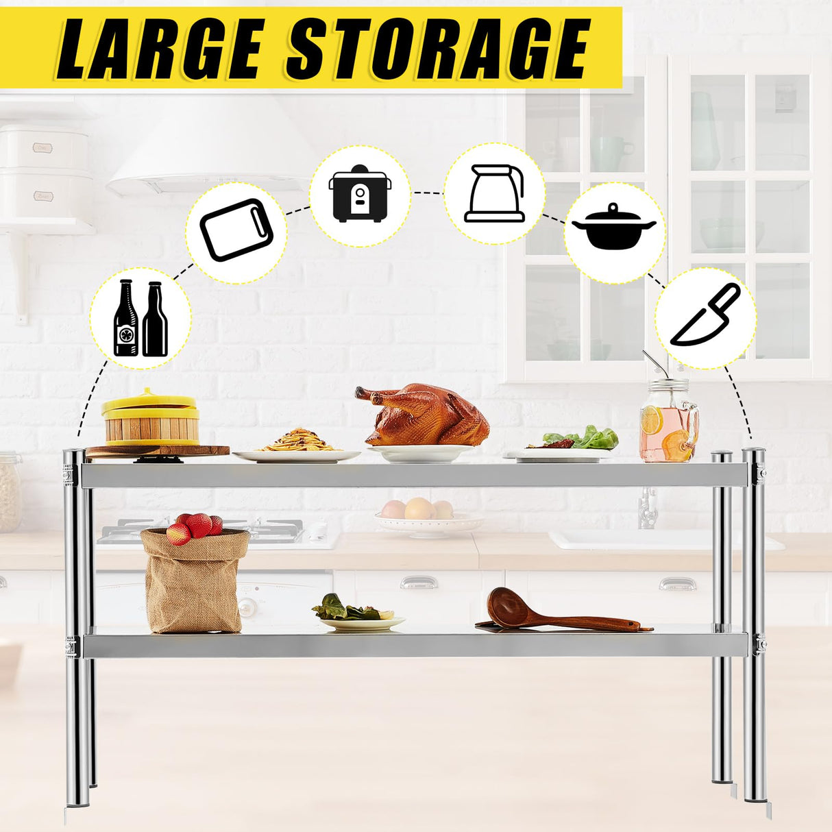 Yaocom 12" x 48" Stainless Steel Double Deck Overshelf for Prep Table Heavy Duty Commercial 2 Tier Shelf for Work Table in Restaurant Bar Kitchen Garage Home Hotel Yaocom