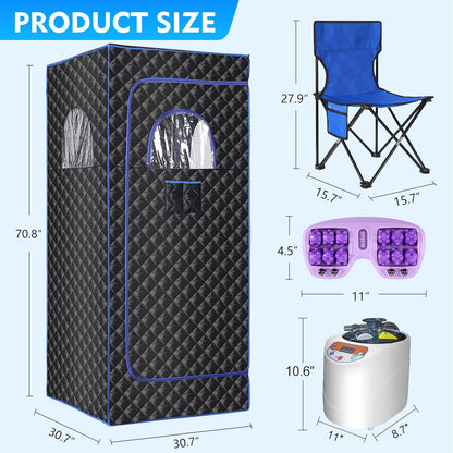 Portable Sauna Box,Steam Sauna Tent for Home Spa,Large Space Personal Home Sauna Tent Full Body with 3 L 1100 w Steamer,Chair,Foot Massager,Remote Control Included (Black)