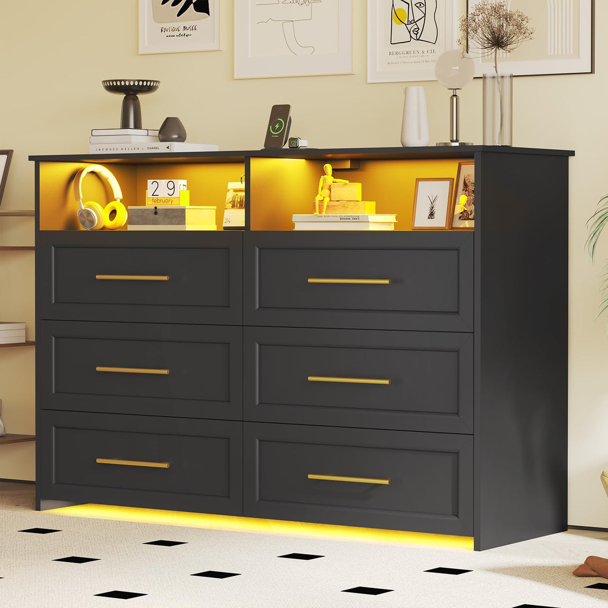 AOGLLATI Dresser for Bedroom with Charging Station, Black Dresser with Dual Led Light, 6 Drawer Modern Bedroom Led Wood Wide Dresser for Bedroom AOGLLATI