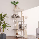 Hebly Wood Cat Tree for Indoor Cats, Cat Condo for Large Cats with Self Groomer,Modern Cat Scratching Tower with Basket,Hammock,Dangling Ball and Leaves,Rustic Gray HCT120SG Heybly