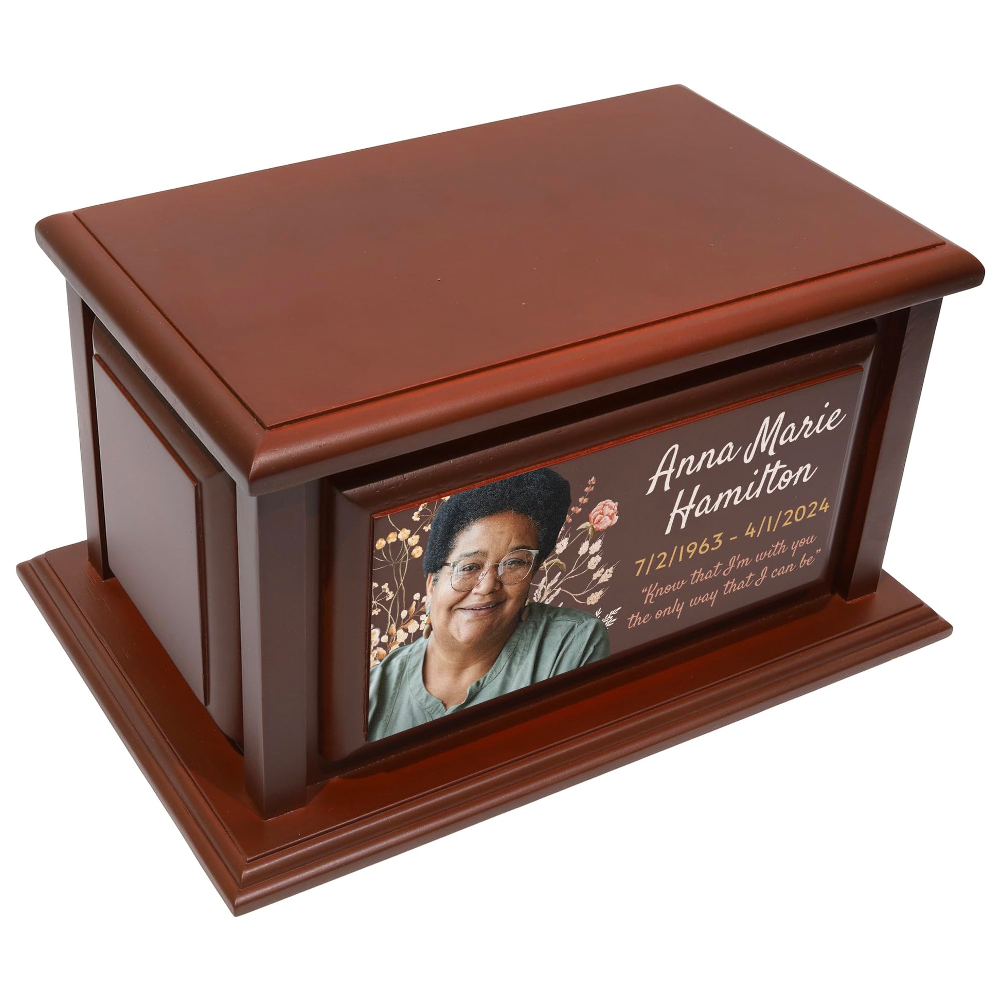 Personalized Solid Wood Human Urns for Ashes 250lbs, Custom Urn Box for Human Ashes, Large Burial and Cremation Urns for Ashes, Cherry Wood Color (Design 6) - WoodArtSupply