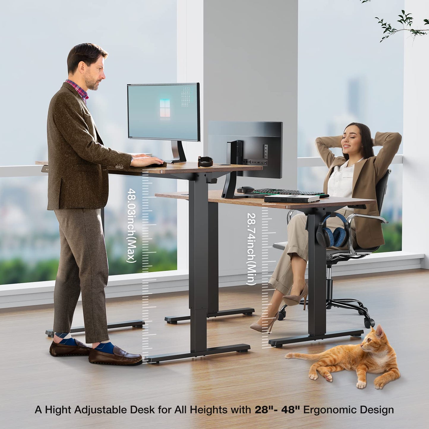 Sweetcrispy 48 x 24in Adjustable Height Electric Standing Computer Home Office Desk Ergonomic Workstation with 3 Memory Controller, 48"x24", Rustic Brown+Black