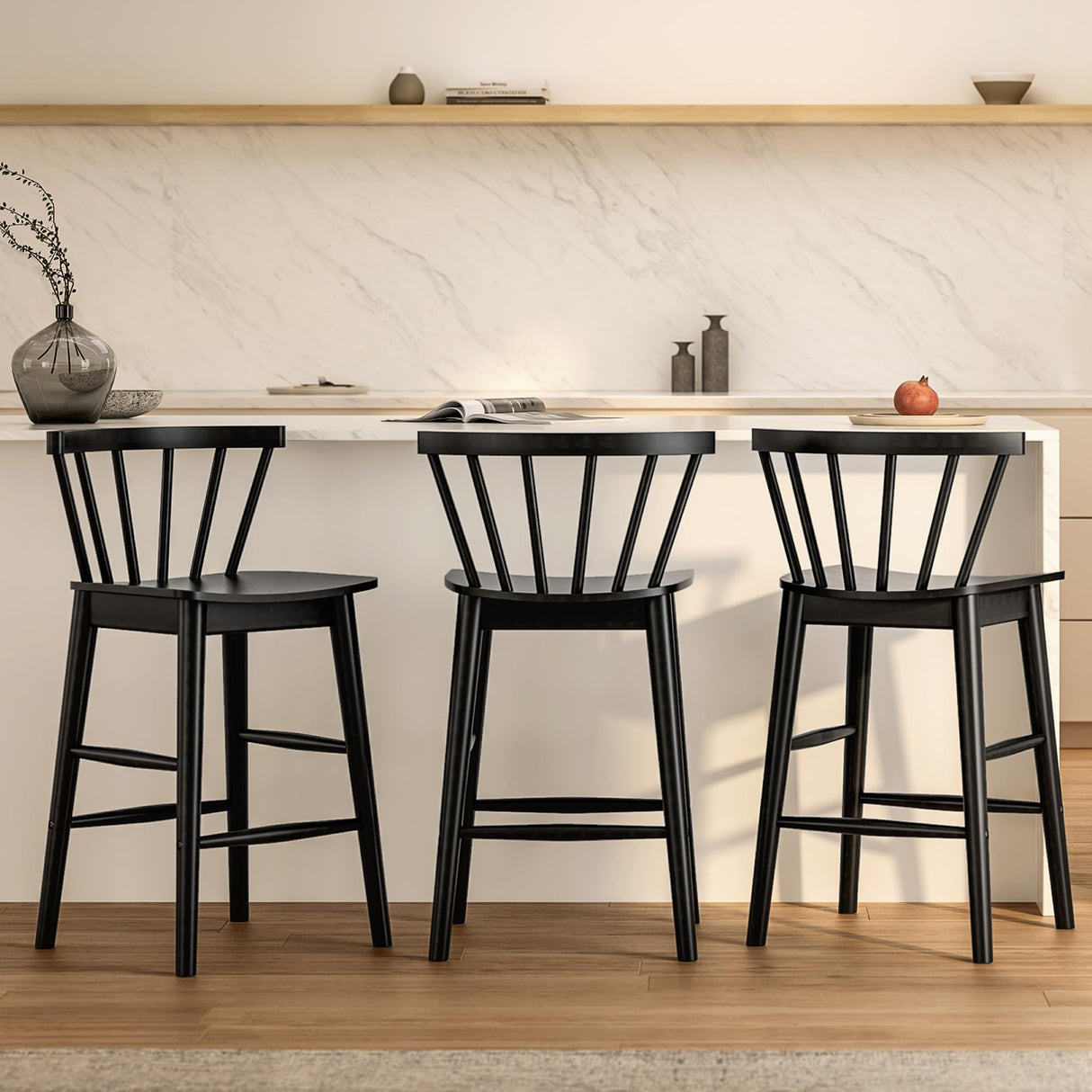 EYYTHUNG Wood Bar Stools Set of 3, 24" Barstool Farmhouse Counter Stools with Curved Back for Dining Room, Black EYYTHUNG