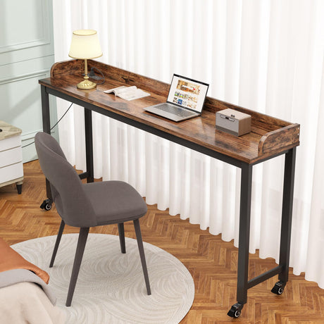 70.8" Standing Desk with Charging Station, Extra Long Desk on Wheels for Standing and Sitting, Sofa Table Behind Couch with Power Outlets and USB Ports, Easy Assembly, Walnut Ytaoka