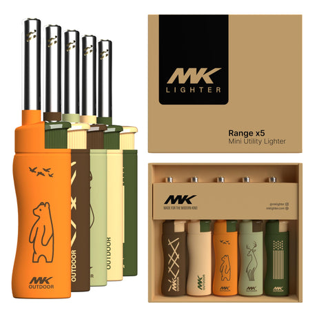 MK Lighter 5pcs. Outdoor Series Candle Lighters, Windproof Torch Flame, Ideal Lighters for Candles, BBQ Grills, Camping Lighters, Outdoor Activities, Refillable Butane, Multipurpose Lighters MK