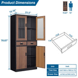 PEUKC Kitchen Pantry Cabinet, 71" Freestanding Kitchen Pantry Storage Cabinet with Drawer and Adjustable Shelves, Metal Tall Pantry Cabinet Cupborad with Glasses Doors, Wood Color PEUKC
