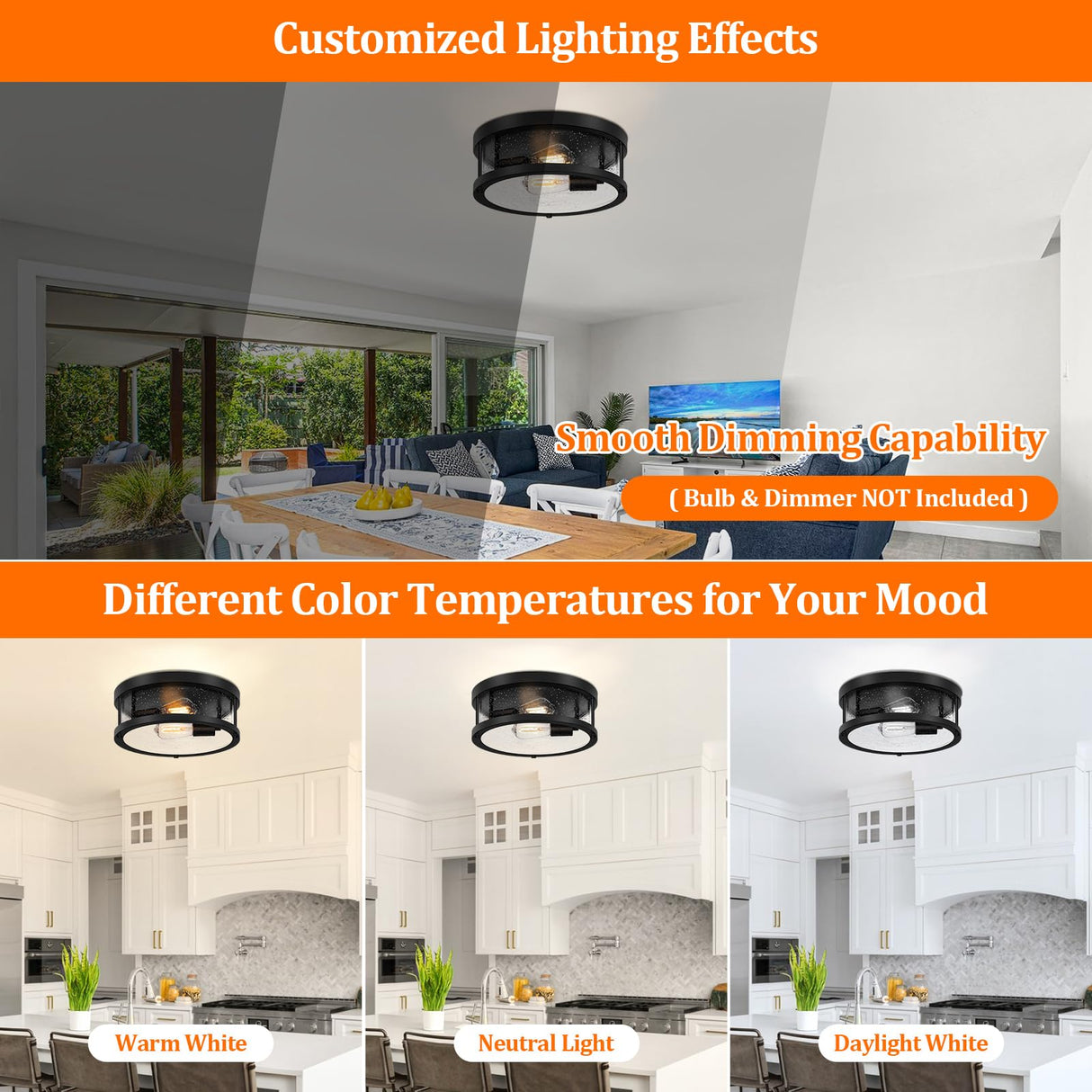 Black Flush Mount Ceiling Light Fixture, Farmhouse Light Fixture with Seeded Glass Lampshade, 2-Light Industrial Close to Ceiling Light Fixture for Hallway, Kitchen, Entryway, Foyer(Bulb Not Included) Brightever