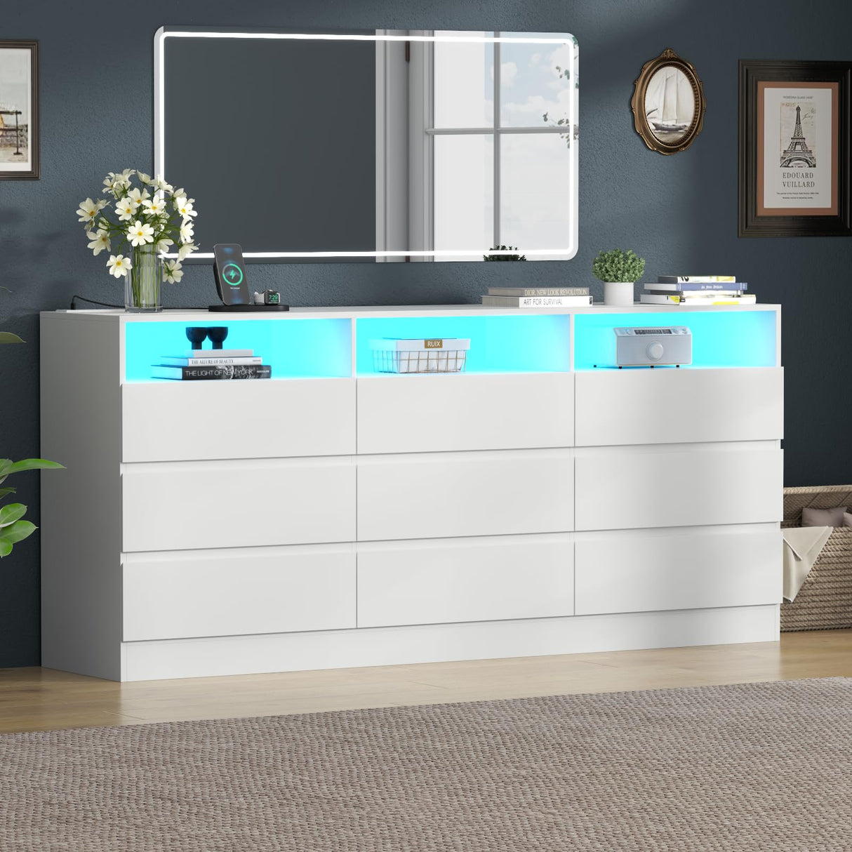 Gyfimoie 9 Drawers Dresser with Power Outlet, LED Large Dressers Chest with Handle Free Drawers, Modern Long Dressers Storage Cabinet for Closet Living Room (White) Gyfimoie