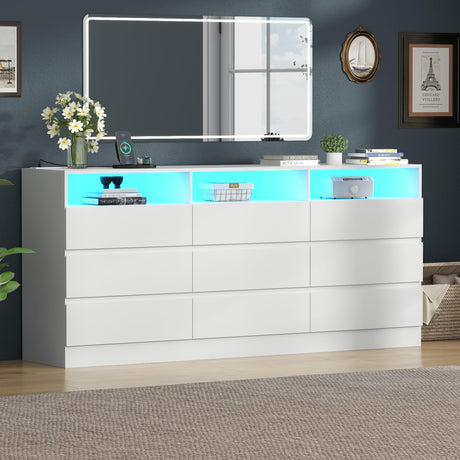 Gyfimoie 9 Drawers Dresser with Power Outlet, LED Large Dressers Chest with Handle Free Drawers, Modern Long Dressers Storage Cabinet for Closet Living Room (White) Gyfimoie