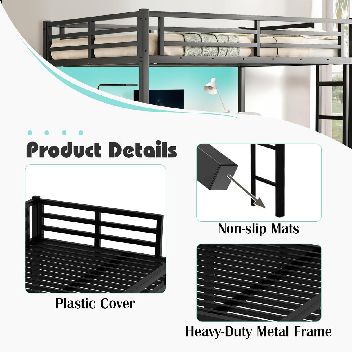 XUWANSHANG Loft Bed Twin XL Size with Desk, Metal Heavy Duty Loft Bed with LED Lights, USB Port, Twin XL Loft Bed Frames for Kids, Junior, Adults, Space Saving, Noise Free (Black, Twin XL) XUWANSHANG