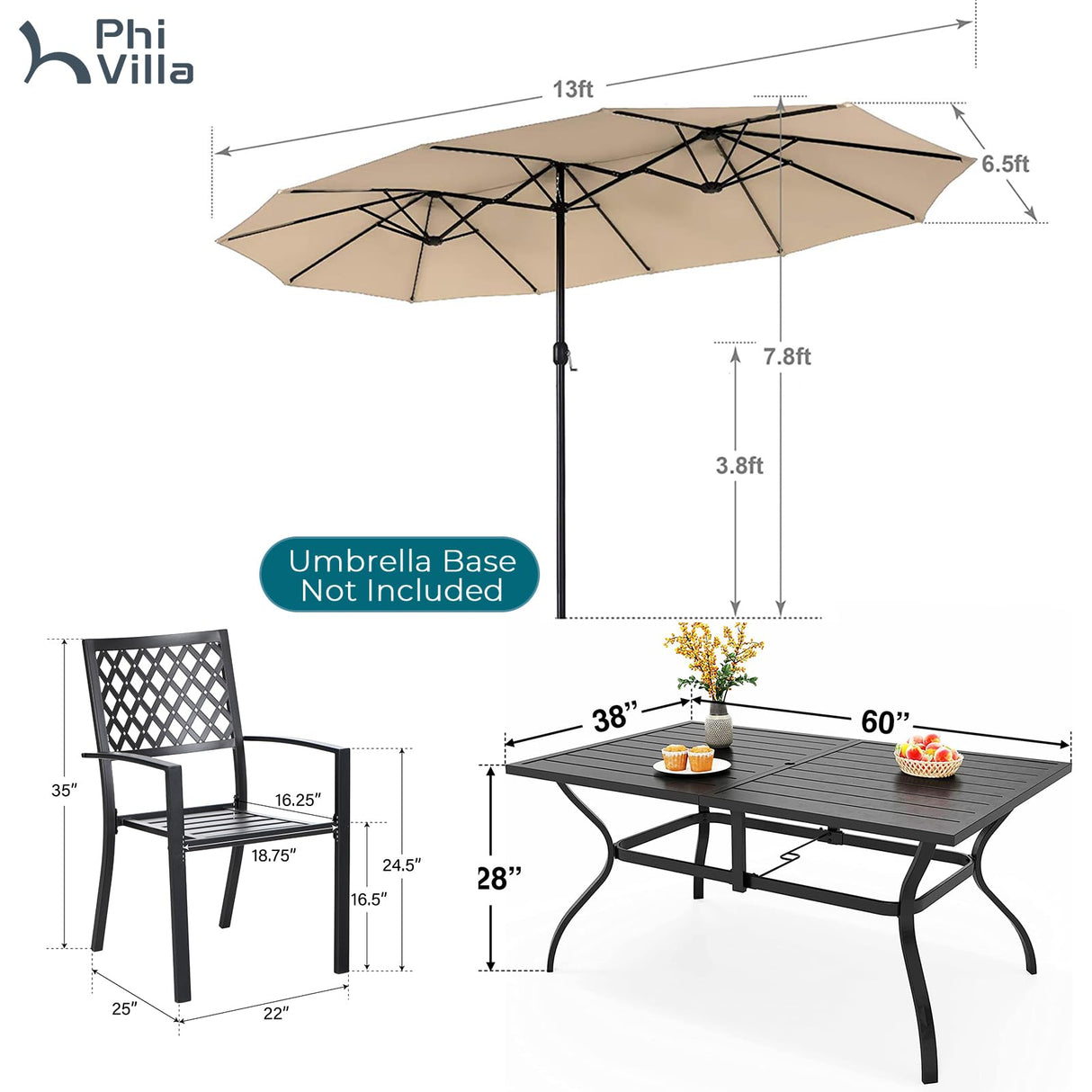 PHI VILLA 8 Piece Patio Dining Set with 13ft Double-Sided Patio Umbrella(Beige),Metal Outdoor Table Furniture Set with 6 Outdoor Stackable Chairs, 1 Rectangle Dining Table and 1 Large Beige Umbrella PHI VILLA
