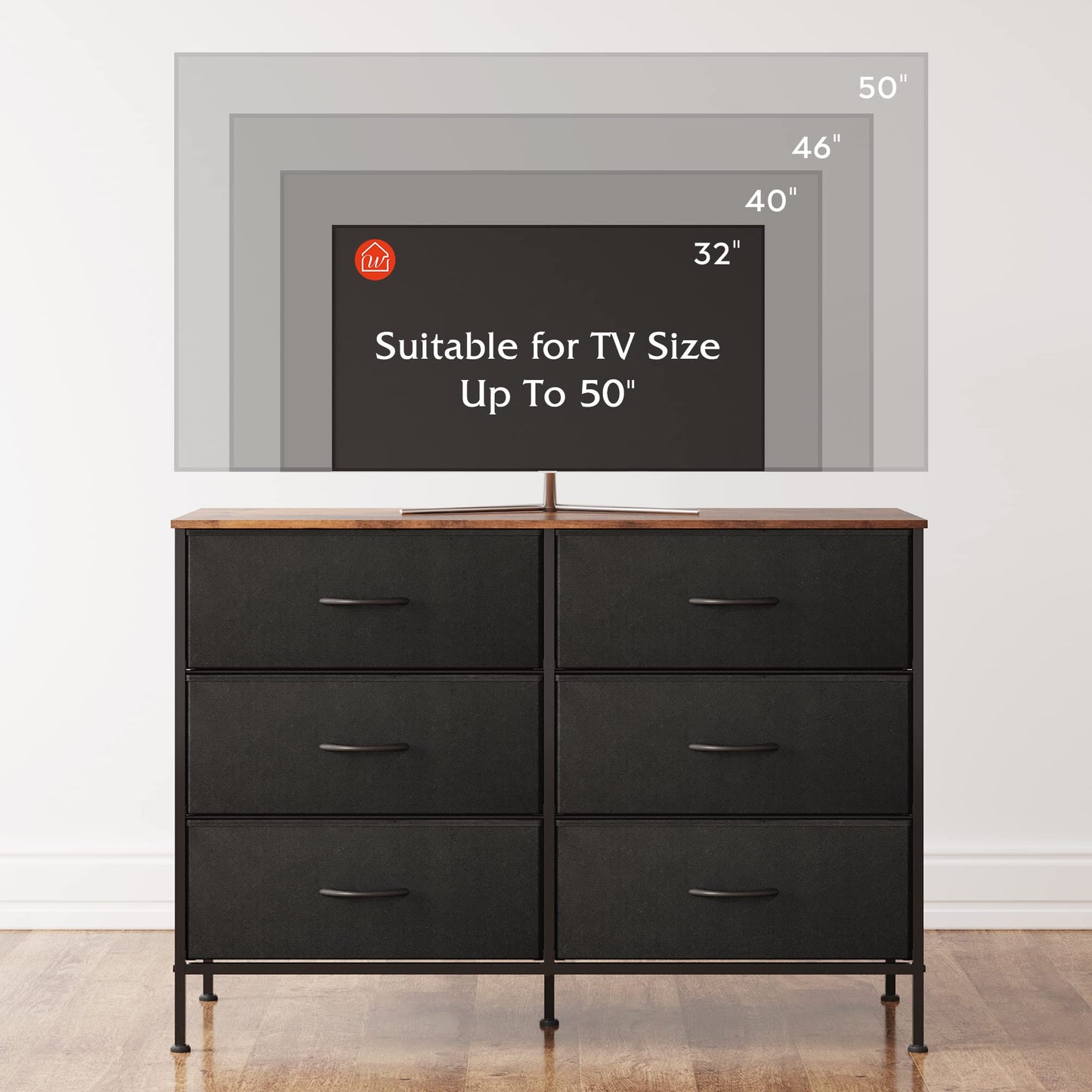 WLIVE Wide Dresser with 6 Drawers, TV Stand for 50" TV, Entertainment Center with Metal Frame, Wooden Top, Fabric Storage Dresser for Bedroom, Hallway, Entryway, Black and Rustic Brown - WoodArtSupply