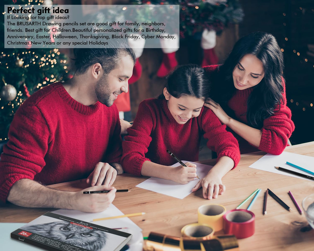 Brusarth Charcoal Pencils for Drawing, Set of 26, Professional Drawing Sketch Pencils, Art Supplies for Drawing, Shading, Sketching, Blending, Artist Pencils for Beginners & Pro Artists Brusarth